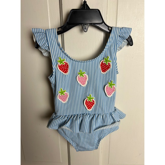 Baby Boden Other - Baby Boden Blue White Striped Strawberry Ruffle One Piece Swimsuit 3-6M Y1880